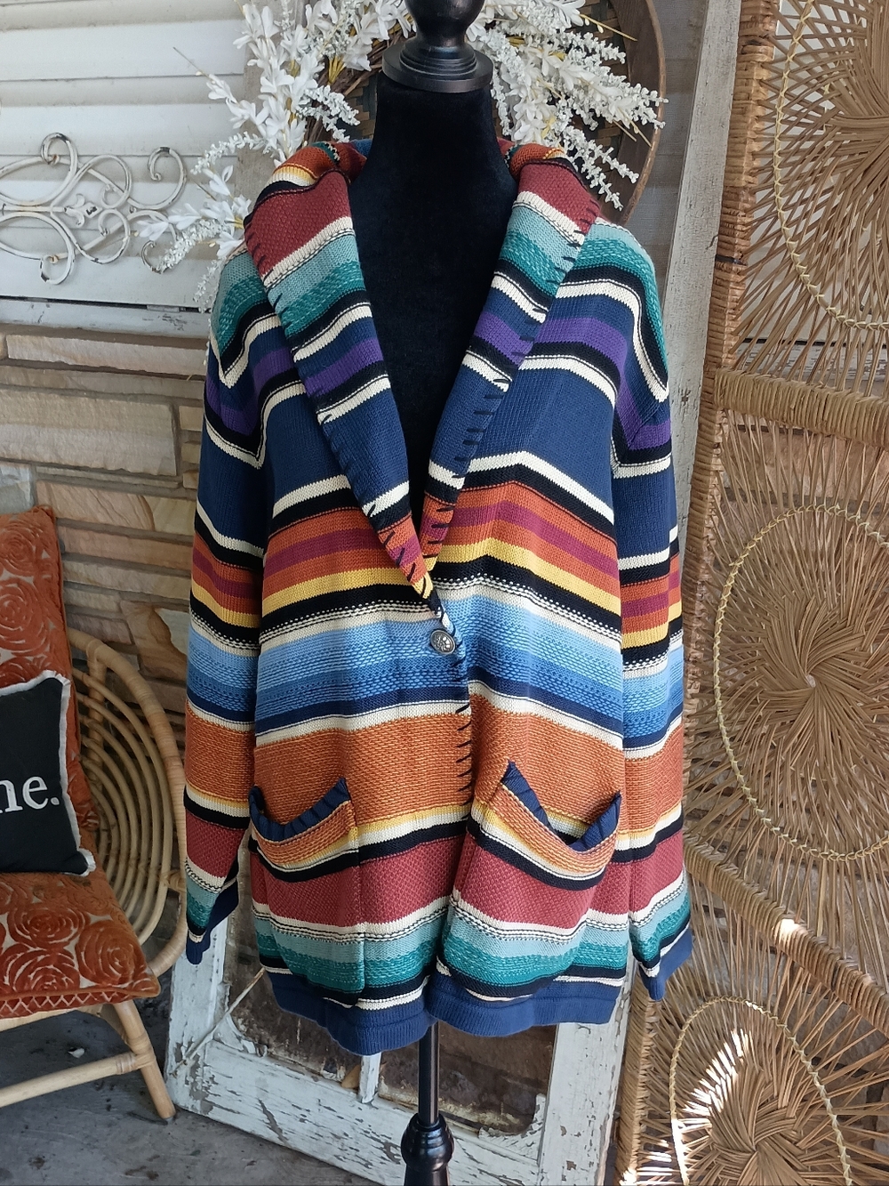 Coldwater Creek Multicolor Aztec Southwest Serape Sweater Jacket_2X